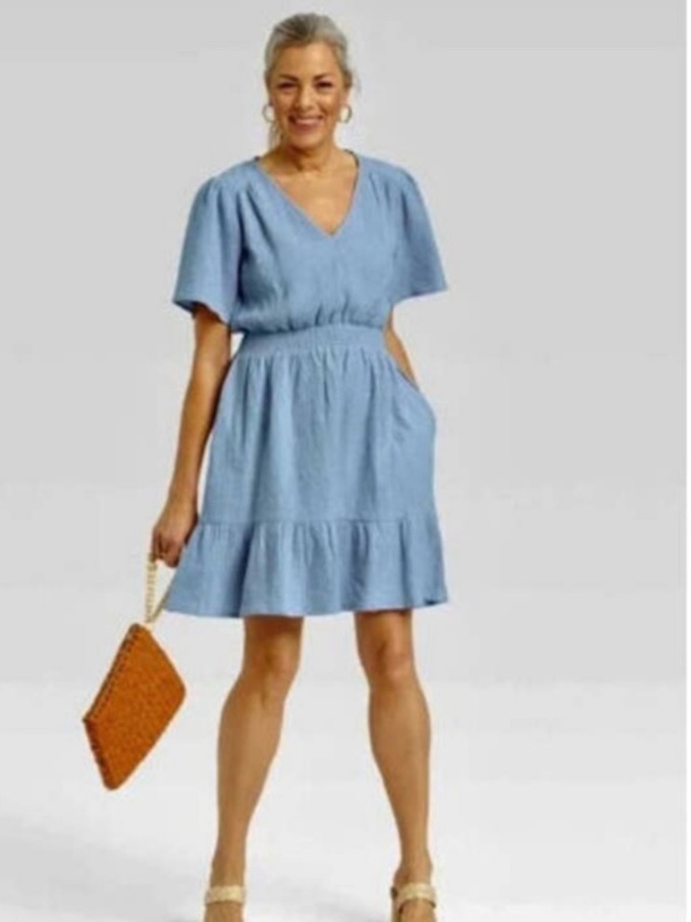 Light Blue V-Neck Short Sleeve Women's Dress